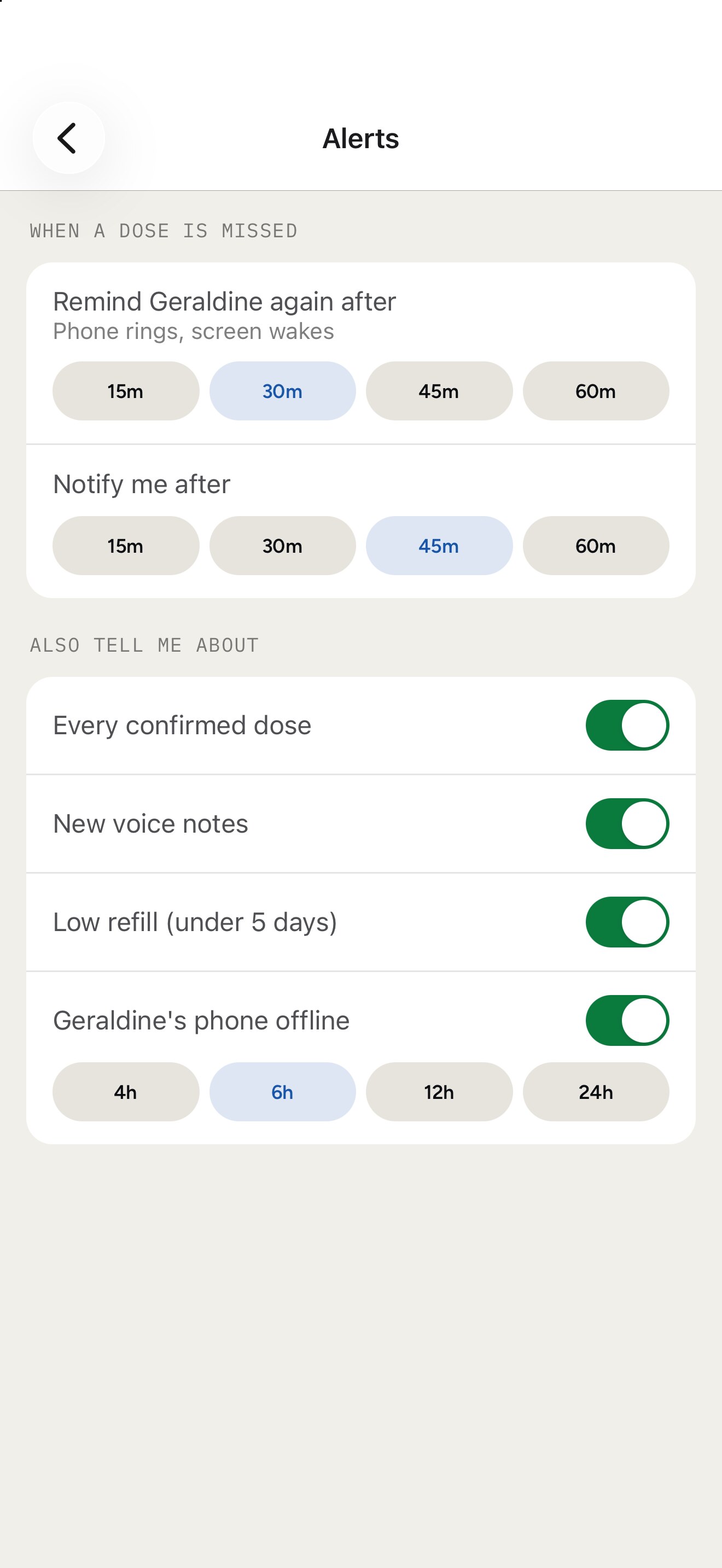 Kinfocus alerts screen showing a missed-dose notification for Harry's Furosemide, with a timestamp and a call button