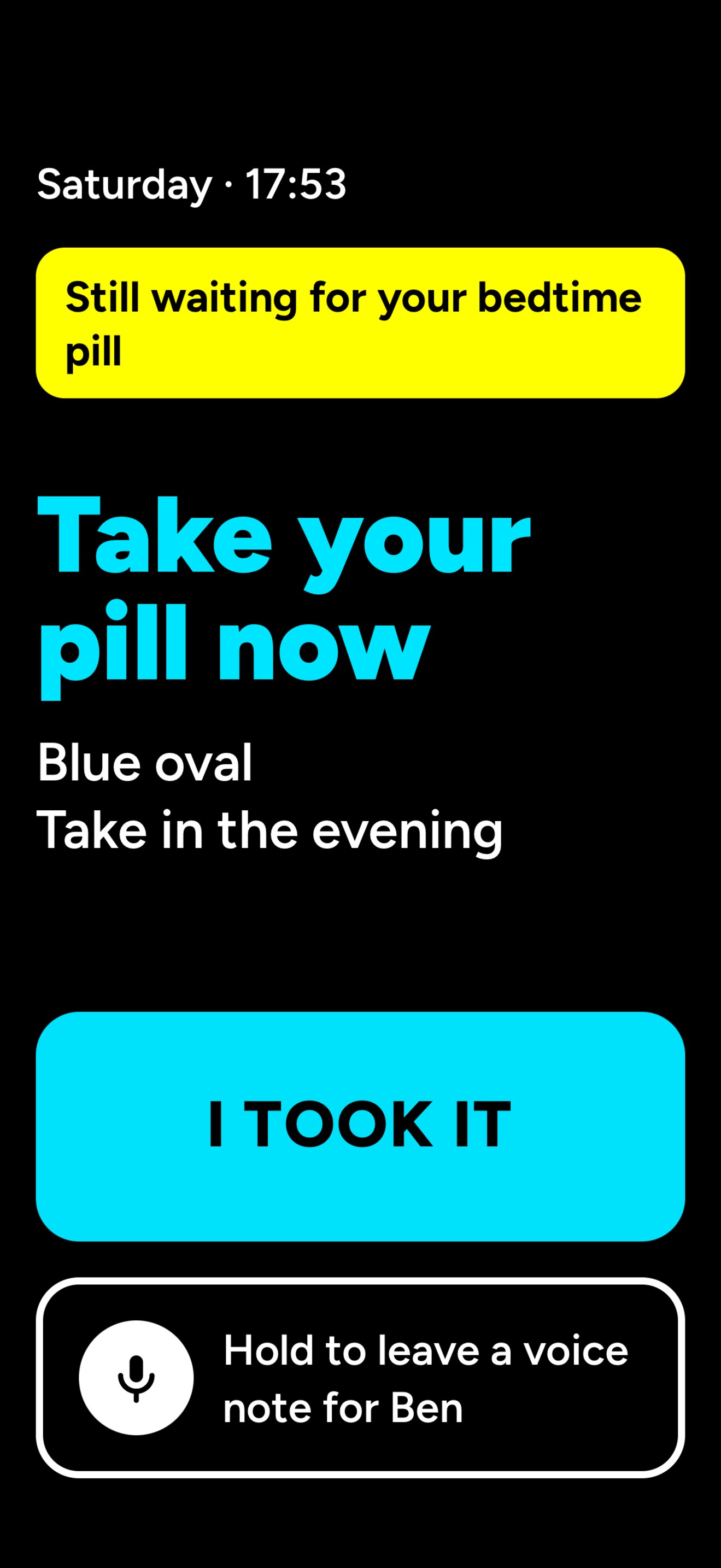 Kinfocus patient screen in an urgent state, with a red-tinted background reading Furosemide, please take this now