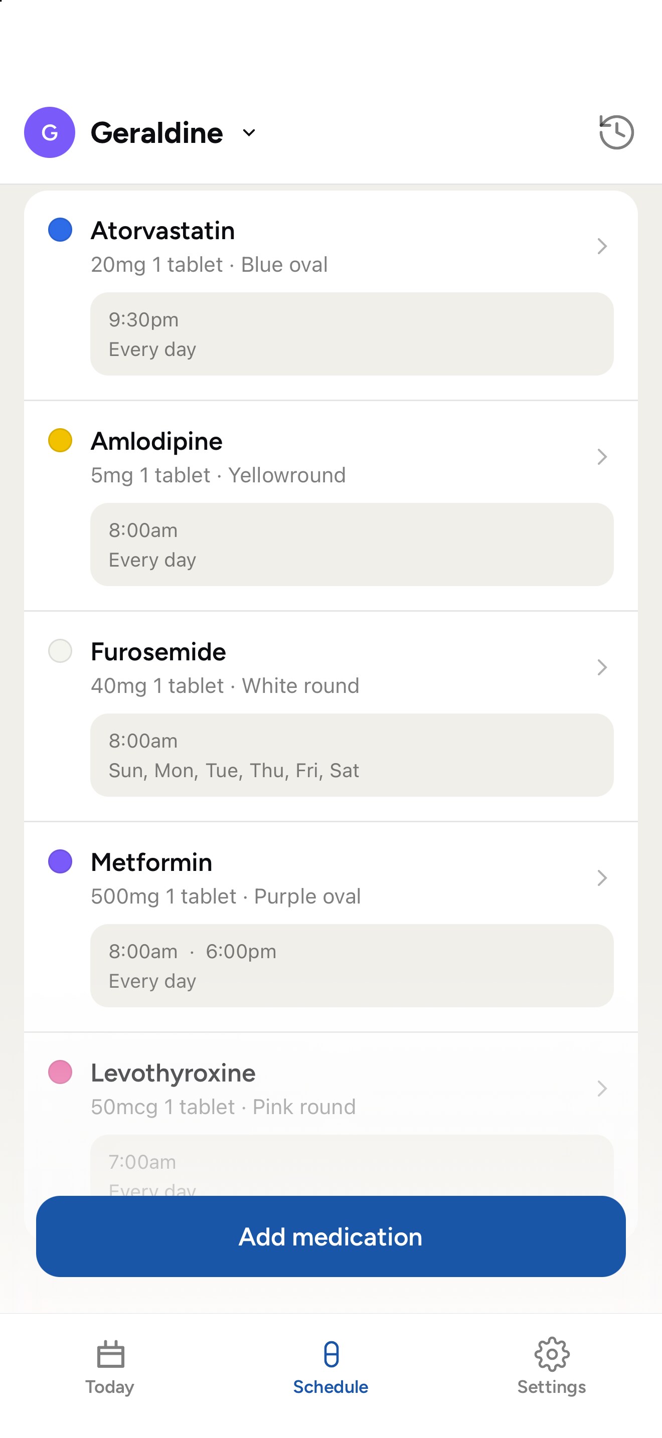 Kinfocus Schedule screen listing five medications — Levothyroxine, Furosemide, Amlodipine, Metformin, and Atorvastatin — each with dose, times, and repeat pattern