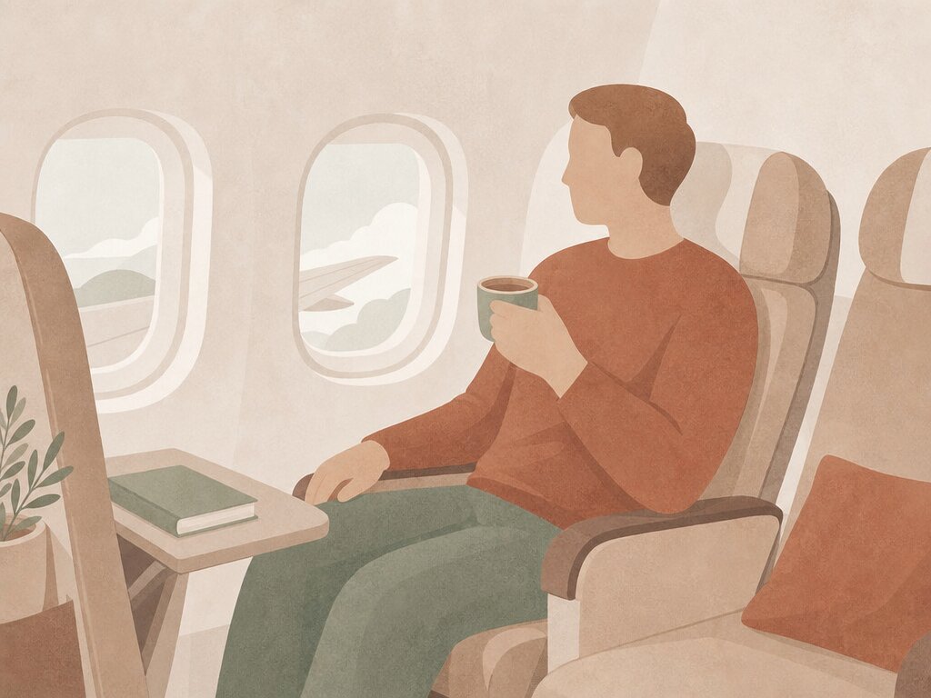 Illustration of a person calmly looking out of an airplane window
