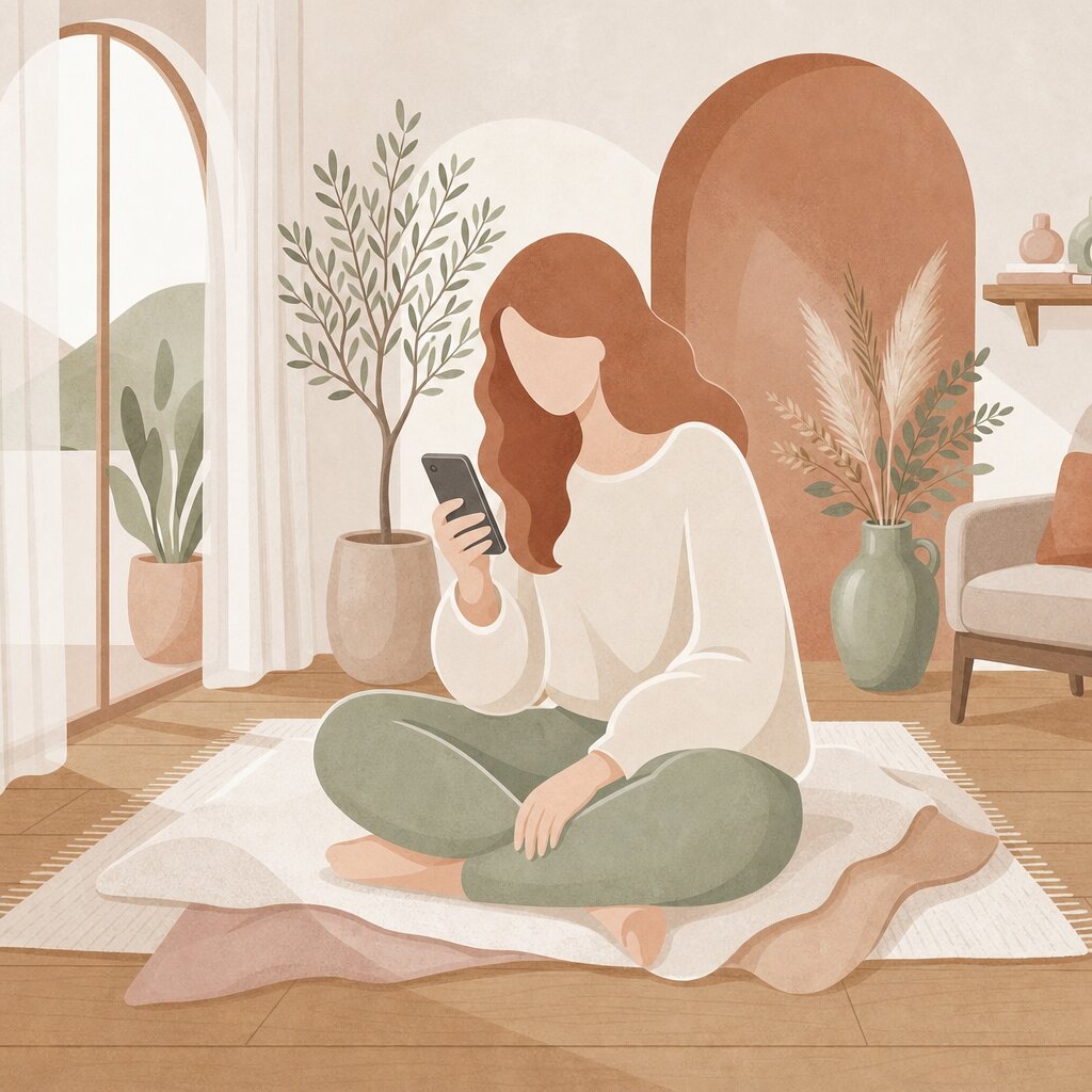 Illustration of a person checking in on their phone at home