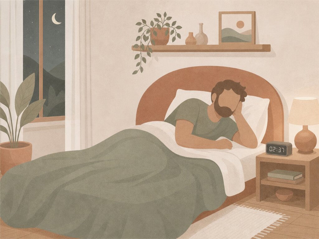 Illustration of a person lying awake in bed at night