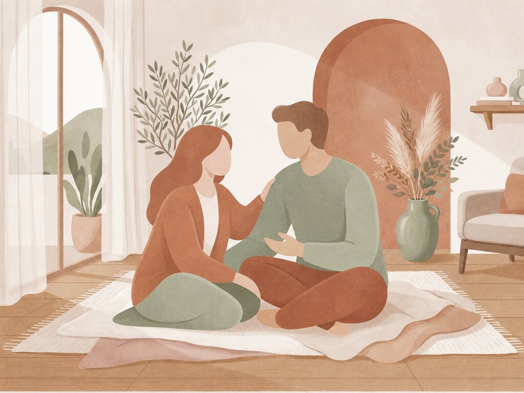 Illustration of one person supporting another through anxiety